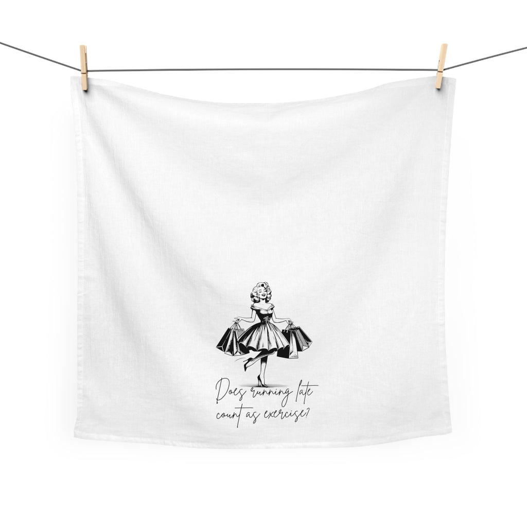 Tea Towel — Retro Dress Illustration with "Does running late count as exercise?" — Funny Kitchen Towel