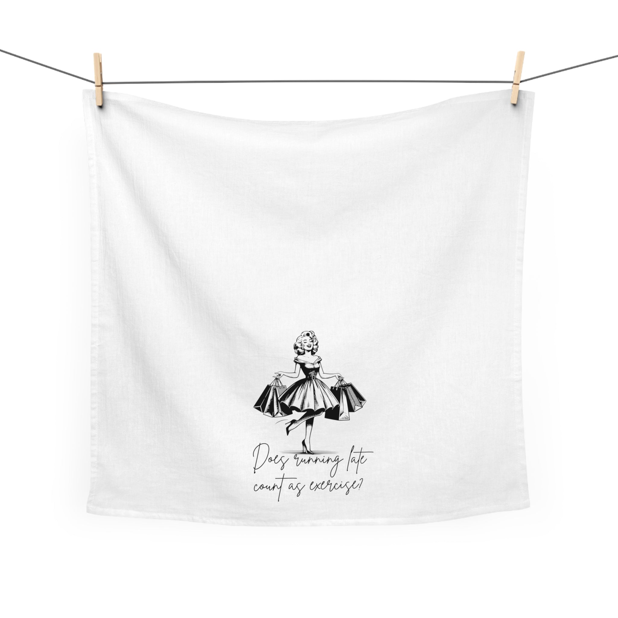 Tea Towel — Retro Dress Illustration with "Does running late count as exercise?" — Funny Kitchen Towel