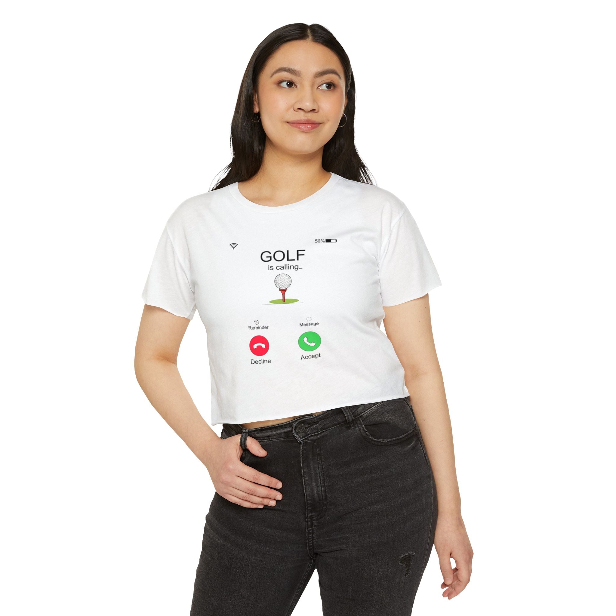 Golf Is Calling Crop Top — Women's Golf Tee with 'Golf is calling' Call Screen Design (Customizable Back)