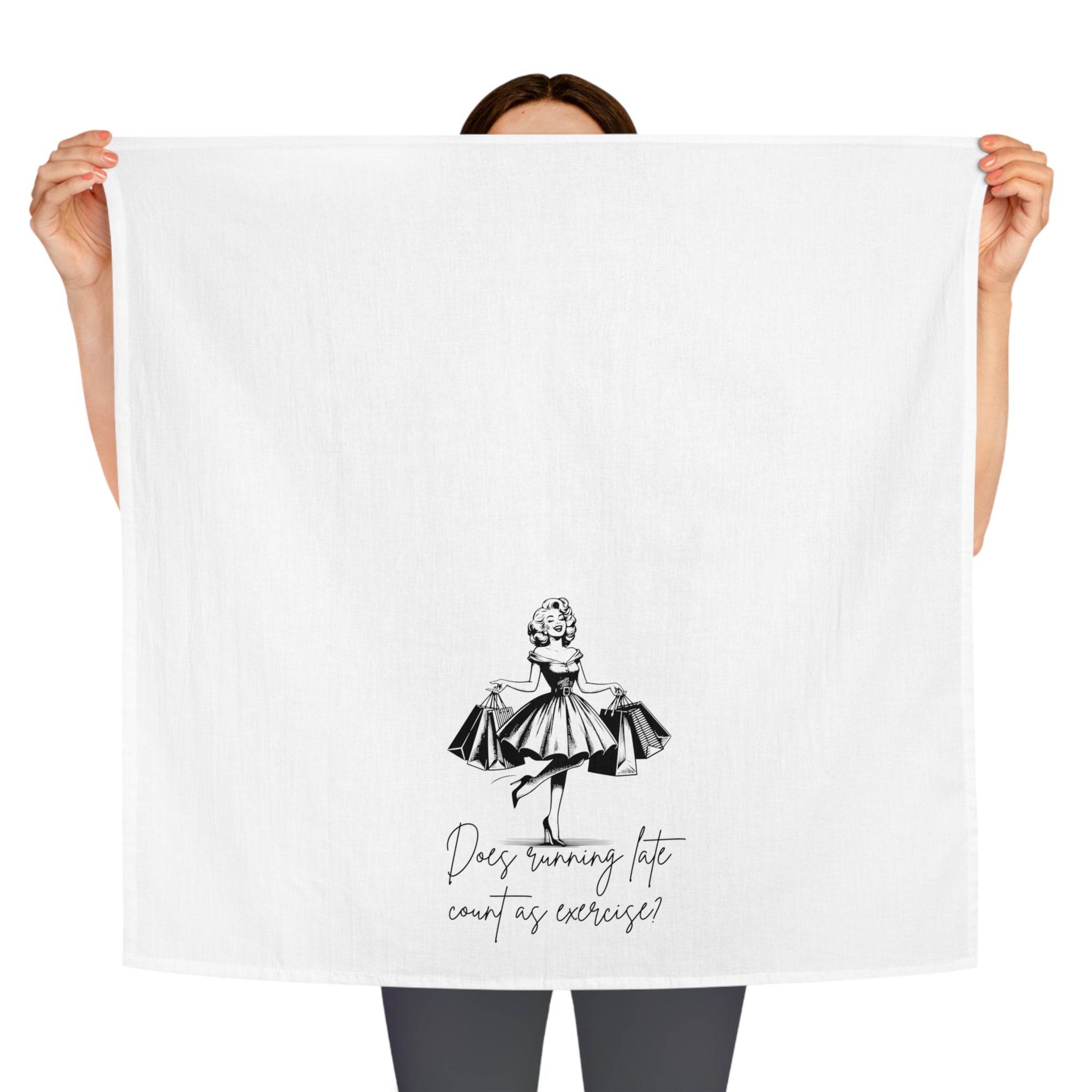 Tea Towel — Retro Dress Illustration with "Does running late count as exercise?" — Funny Kitchen Towel