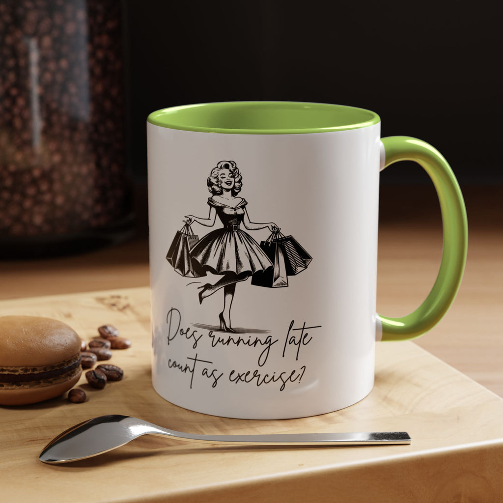 Does Turning Late Count As Exercise? Coffee Mug — Retro Shopping Lady Accent Mug